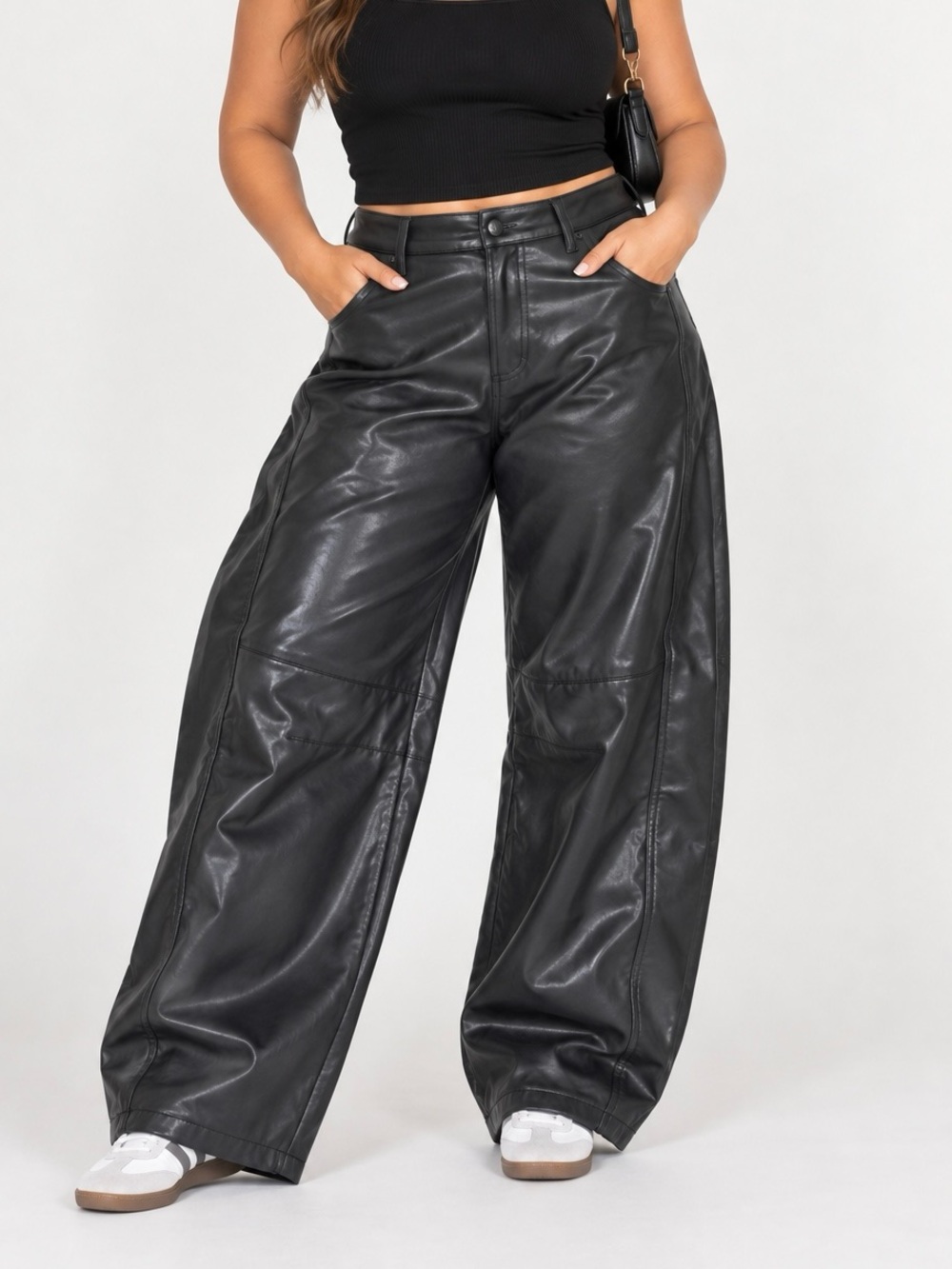 High-Rise Barrel Wide Leg Vegan Leather Pants - Black